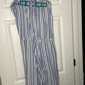 Blue and white striped capri jumpsuit